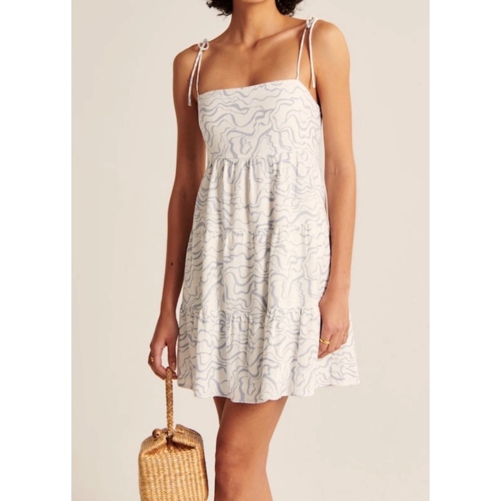 Abercrombie & Fitch Tie Strap Mini Dress XXS Blue White Linen Blend